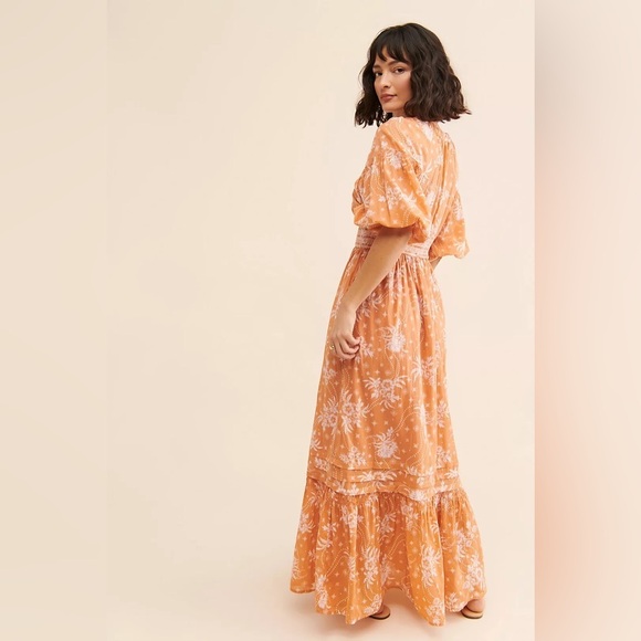 🔆 Free People Orange Maxi Dress with Bishop Sleeves, Size Small - Picture 4 of 6